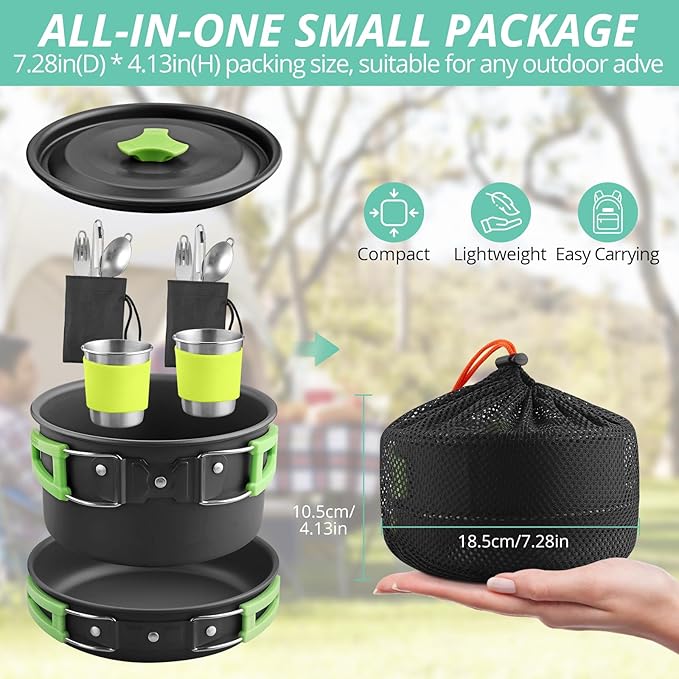 VINTEAM Camping Cookware Set 830g Stainless Steel Pot Pan Set with Folding Handle and Storage Bag for 1-2 Person Outdoor Hiking Camping