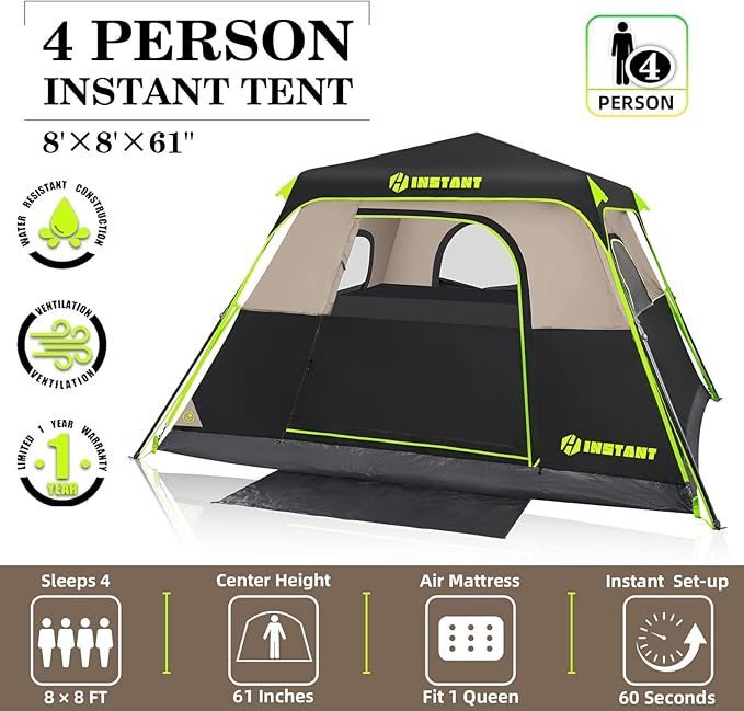 4/6/8 Person Instant Tent, Waterproof Pop Up Tents for Camping with Rainfly, 60 Seconds Easy Setup, Automatic Cabin Tent for Family Camping with Expandable Carry Bag & Upgraded Ventilation