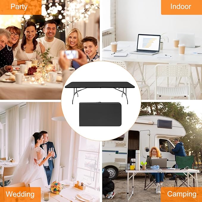 8 FT Folding Table with Carry Handle, Portable Fold-in-Half Plastic Table, Rectangle Foldable Table for Indoor/Outdoor Black