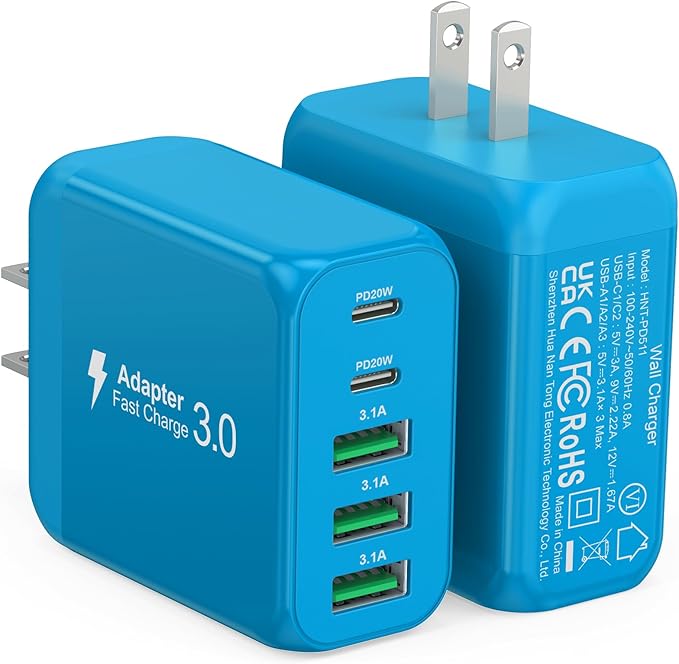 2-Pack USB C Wall Charger Block,50W 5-Port C Charger Fast Charging Block PD Power Adapter +QC 3.0 Multiport Type C Box Charger Cube USB A Wall Plug for iPhone 16/15/14/13 Pro Max,Samsung Galaxy(Blue)