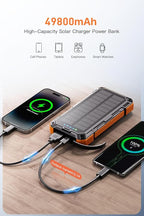 Solar Power Bank 49800mAh Wireless Portable Charger with USB-C 15W Fast Charging with 4 Built-in Cables LED Flashlight Battery Pack Compatible with iPhone, iPad, Galaxy, Perfect for Camping, Hiking
