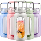 BLUEGO 64oz Water Bottle Glass with Stainless Steel Handle Large Water Bottle with Time Markers and Silicone Sleeve Half Gallon Water Jug BPA Free for Gym Daily Use, White