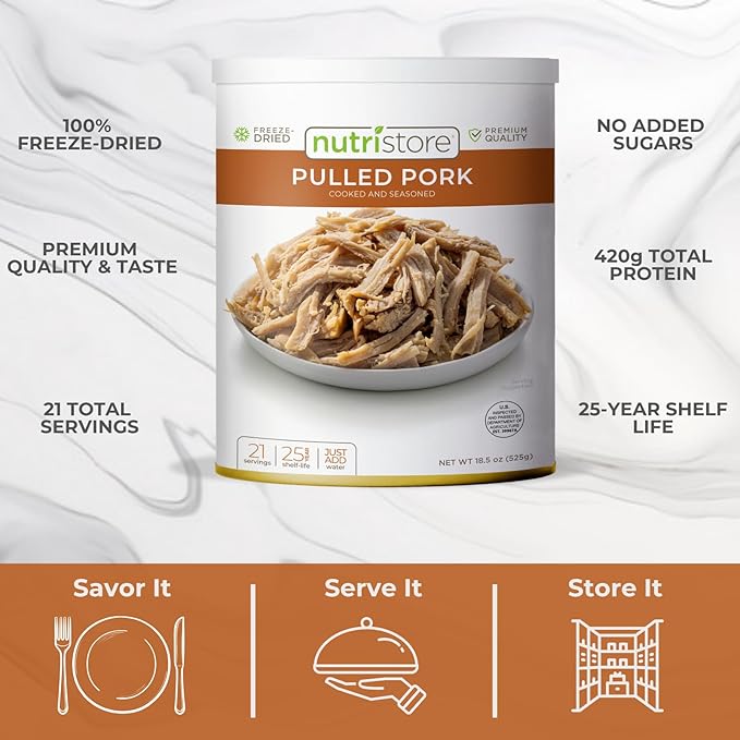 Nutristore Freeze-Dried Pulled Pork | Premium Emergency Survival Food | Long Shelf Life | Protein-Rich Prepper Pantry Staple | Beef, Chicken, Sausage, and More | Bulk Food Storage, 1-Pack