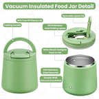 20oz Insulated Vacuum Food Jar with Buckle Lid,Soup Thermo for Hot Food Kids,Wide Mouth Leakproof Stainless Steel Lunch Container with Spoon-Green