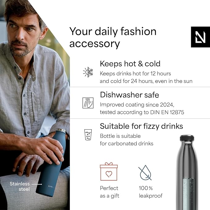 LARS NYSØM Stainless Steel Insulated Water Bottle 12oz 17oz 25oz 34oz 51oz | Insulated Thermo Flask for Hot and Cold Beverages | Leakproof Drinking Bottle (Stainless Steel, 17oz)