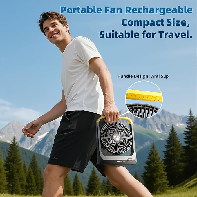 Battery Powered Rechargeable Portable Fan: 20800mAh Battery Operated Camping Fan [80H Long Lasting] 3350RPM USB Desk Personal Fan with 4 Speed 3 Timer for Travel/Outdoor/Bedroom/Office/Beach/Fishing