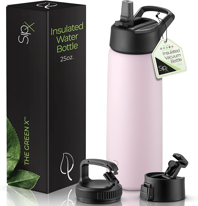 SipX™ Triple-Insulated Stainless Steel Water Bottle 25oz. With 3 Lids, BPA-Free Reusable Insulated Water Bottle Keeps Cold 24 Hours, Metal Water Bottle Made Of Sustainable Material For Hiking & Biking