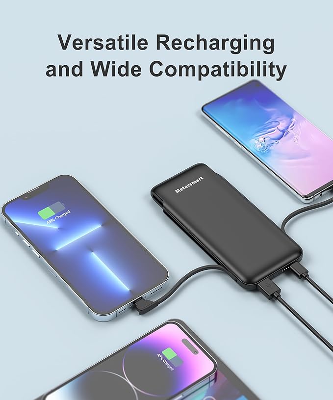 2-Pack 10000mAh Phone Portable Charger Power Bank, Built in Cable and AC Wall Plug, Fast Slim USB C Charging Battery Pack Travel Essentials Compatible with iPhone, Android, Black & Pink