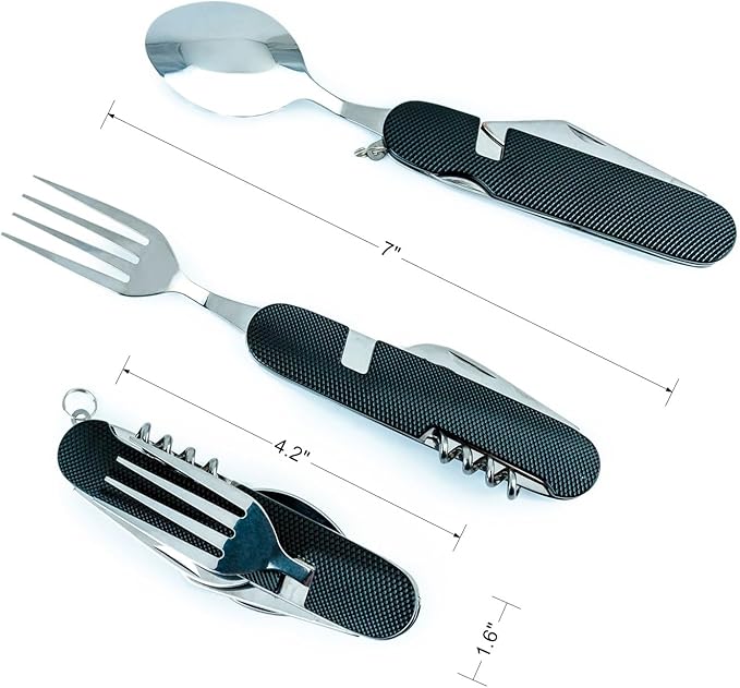 6-in-1 Multi-Function Camping Utensil Flatware Set Detachable Spoon Fork Knife Combo Mess Kit with Carrying Pouch (Black + Green)