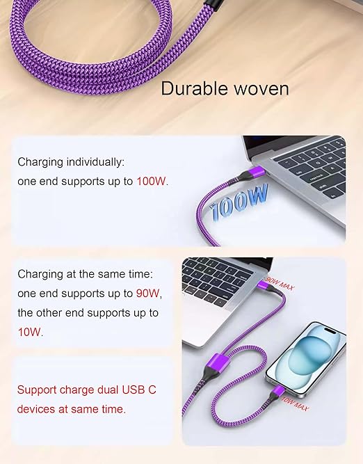 4FT 2 in 1 100W USB c to Dual USB-C Fast Charging Cable,iPhone 15 USB C to Double Type c Cable for MacBook Pro/Air,iPad Pro/Air,iPhone 15 Plus/15 Pro Max,Samsung Galaxy S24/S23/S22/S21,Moto,Switch