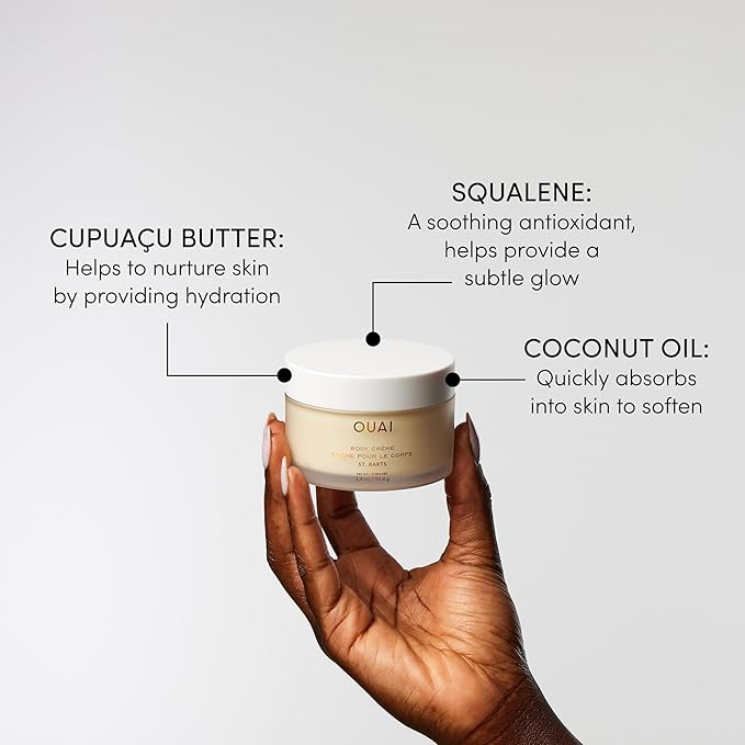OUAI St. Barts Travel Bundle - Includes Travel Size Scalp & Body Scrub, Foaming Shower Gel, Hydrating Cream, and Hair & Body Mist (4 Count, 3.4 Oz/3.4 Oz/3 Oz/3.3 Oz)