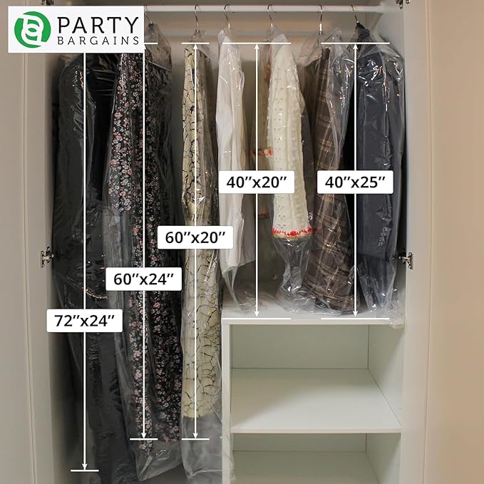 PARTY BARGAINS 60 x 24 Inch Disposable Clear Garment Bags, 100 Pack – Heavy-Duty Plastic Clothes Covers for Suits Dresses Coats, Closet & Travel