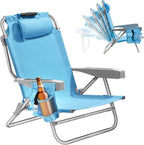 5-Position Aluminum Lay Flat Backpack Beach Chair, Compact Portable Low Beach Chairs for Adults with Cooler Pouch, Storage Pouch, Towel Bar, Cup Holder & Phone Holder, Blue