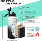 32OZ Water Bottle with Straw & Strap, BPA Free Insulated Water Bottle Keeps Cold 48H Hot 24H, Double-Wall Sport Water Bottle with Sleeve Carrier, Stainless Steel Bottle for Kids Men Woman Xmas Gift