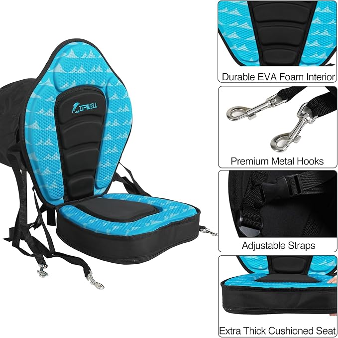 UPWELL Universal Kayak Seat with Detachable Storage Bag & 4 Adjustable Strap, Paddle Board Seat with Memory Foam Padded and Backrest for Kayak, Canoe, Sup