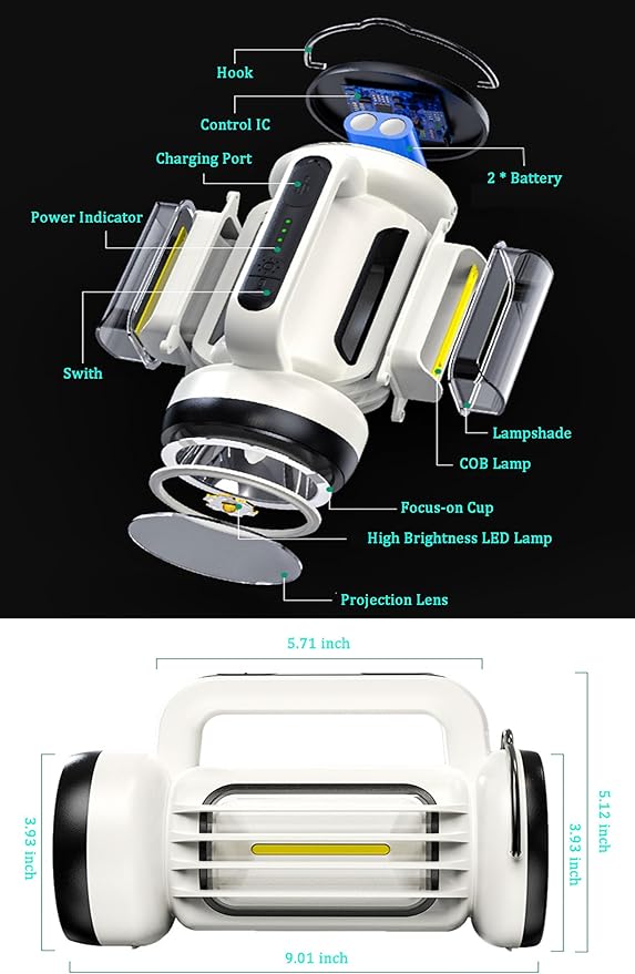 Handheld LED Searchlights Lantern High Power Big Flashlights, 16000LM 5 Lighting Modes Rechargeable Outdoors Camping Hunting Lamp Portable COB Spotlight Work Light for Emergency