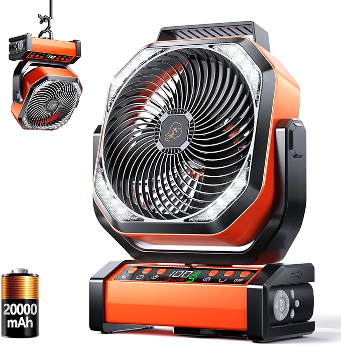 Camping LED Fan with Light, 20000mAh Rechargeable Battery Powered Outdoor Tent Fan with Light and Hook, 8 Speed, Personal USB Desk Fan for Camping, Fishing, Power Outage,Hurricane, Worksite