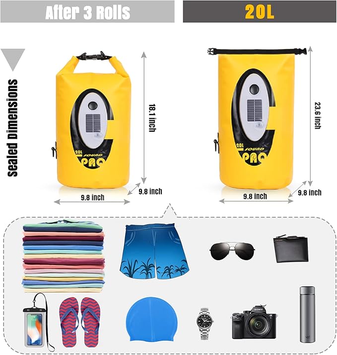 Dry Bag Waterproof with Solar Bluetooth Speaker & Light - 10L/20L Roll Top Dry Sack Keeps Gear Dry for Men Women Kayaking, Beach, Rafting, Boating, Hiking, Camping and Fishing