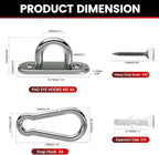 sprookber 304 Stainless Steel Pad Eye Snap Hooks, M5 Heavy Duty Ceiling Hooks, 500 lb Capacity Hammock Swing Hanging kit, Plant Hangers, Marine Hardware Staple Hook Loop with Screws, Set of 8