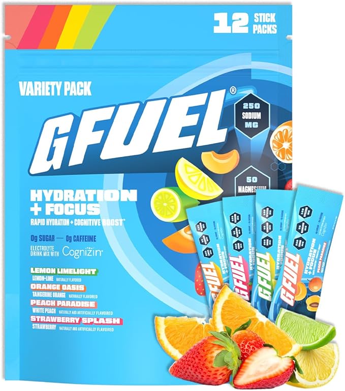 G Fuel Electrolytes Powder for Instant Hydration and Focus | Sugar Free Electrolytes Variety Pack of Lemon, Orange, Peach, Strawberry, Nootropic Drink Mixes to Sharpen Mental Focus, 12 Servings