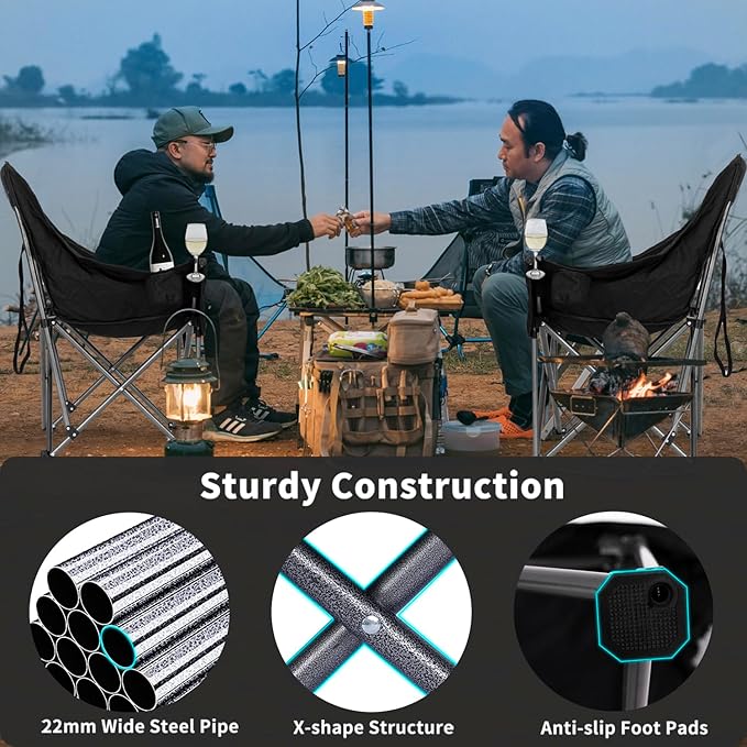 Bolosy Oversized XL Camping Chairs for Adults Heavy Duty Support 500 lbs Outdoor Folding Chairs Padded Portable Lawn Chairs Camp Chairs with Cup Holder