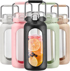 BLUEGO 64oz Water Bottle Glass with Stainless Steel Handle Large Water Bottle with Time Markers and Silicone Sleeve Half Gallon Water Jug BPA Free for Gym Daily Use, Black