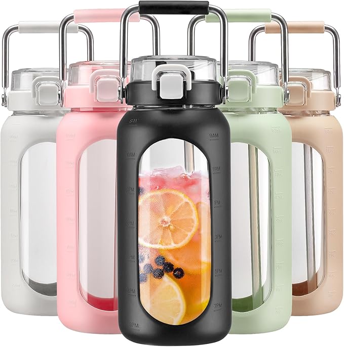 BLUEGO 64oz Water Bottle Glass with Stainless Steel Handle Large Water Bottle with Time Markers and Silicone Sleeve Half Gallon Water Jug BPA Free for Gym Daily Use, Black