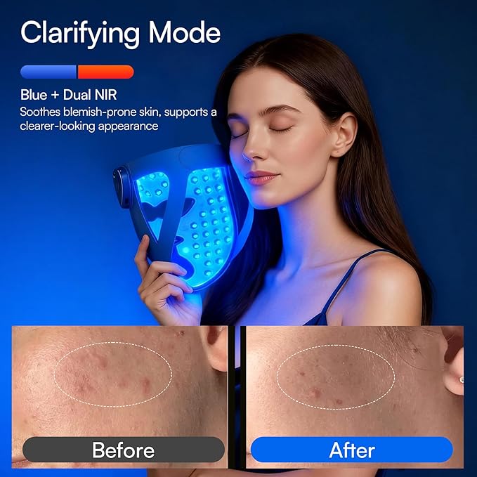 INIA Glow 4D Wireless Red Light Therapy Mask for face – Dual NIR, 320 LEDs, 4 Modes, Under-Eye Cooling, Cordless & Rechargeable LED Face Mask for Home & Travel, Skincare Gifts for Women Mom Wife, Blue