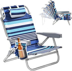 5-Position Aluminum Lay Flat Backpack Beach Chair, Compact Portable Low Beach Chairs for Adults with Cooler Pouch, Storage Pouch, Towel Bar, Cup Holder & Phone Holder, Blue Stripe
