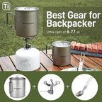 Odoland Titanium Camping Cookware 750ML Titanium Pot with Camping Stove and Spork Portable Pot for Backpacking, Hiking, Traveling and Picnic