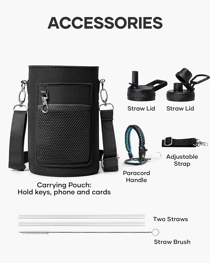 One Gallon Water Bottle,128oz Insulated Flask Stainless Steel Vacuum, Cold for 48 Hrs,BPA-Free & Leakproof -with Paracord Handle,Strap,Straw Spout Lids,Large Jug for Gym Sports,Indigo Black