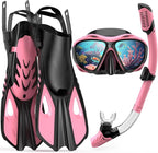 Snorkeling Gear for Adults Men Women, 3 in 1 Snorkel Set with Panoramic View Diving Mask Anti-Fog Anti-Leak, Snorkel Mask Dry Top Snorkel Fins for Swimming, Snorkeling and Travel Diving