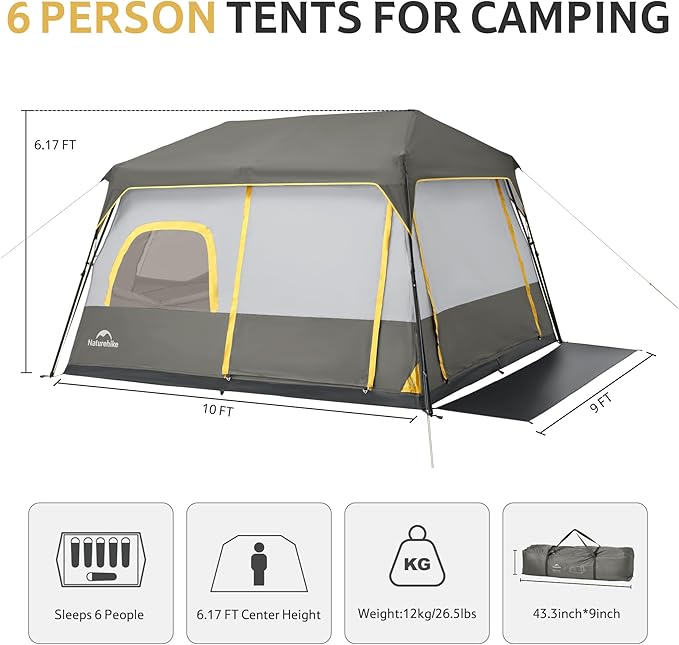 Naturehike Cape 4/6/8 Person Camping Tent, 60S Easy Setup Instant Tent Pop up Tent, Waterproof Large Tall 6/8 Person Tents for Camping, Car Camping