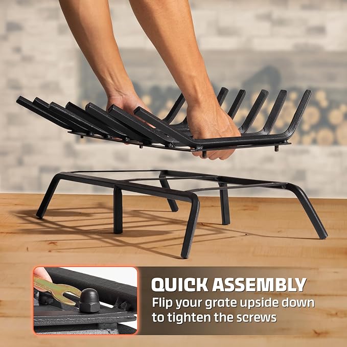 IDZO Solid Steel Fireplace Grate 30 Inch, Upgraded Fireplace Log Grate with Extra Leg for Sturdy Stand & Better Air Flow, Quick Assembly Bar Fire Grates for Indoor & Outdoor