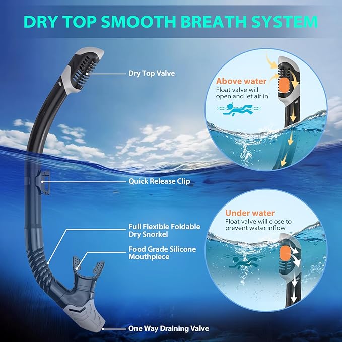 Snorkeling Gear for Adults, Mask Fin Snorkel Set, Dry Top Snorkel, Snorkeling Kit Travel Diving Package, Panoramic View Anti-Fog Anti-Leak Adjustable Swim Fins