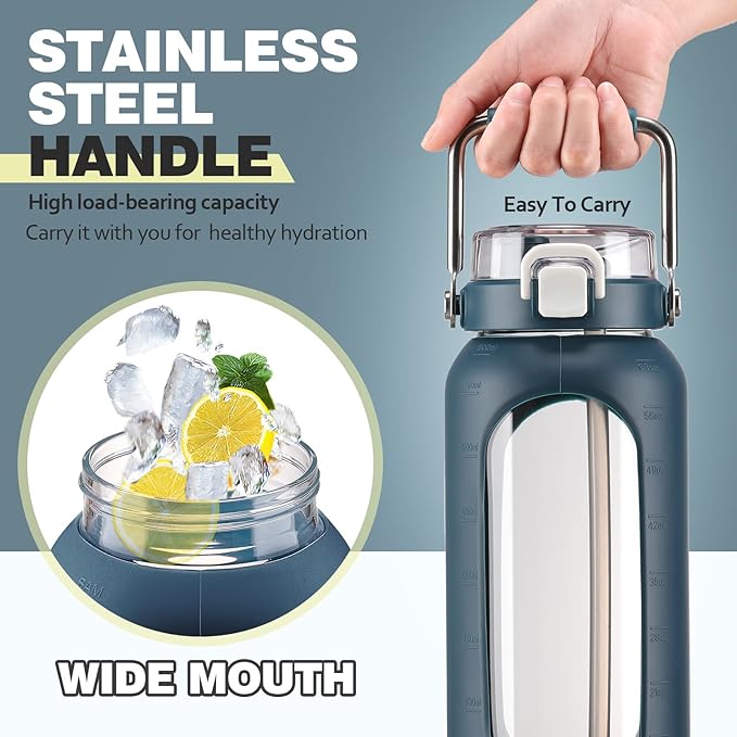 BLUEGO 64oz Water Bottle Glass with Stainless Steel Handle Large Water Bottle with Time Markers and Silicone Sleeve Half Gallon Water Jug BPA Free for Gym Daily Use, Dark Blue