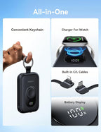 RORRY CharmGo Portable Charger, 20000mAh PD 30W Portable Charger Power Bank with 2 Built-in Cables, Fast Charging Battery Pack with Keychain, Travel Essentials for iPhone, Apple Watch, iPad, Black
