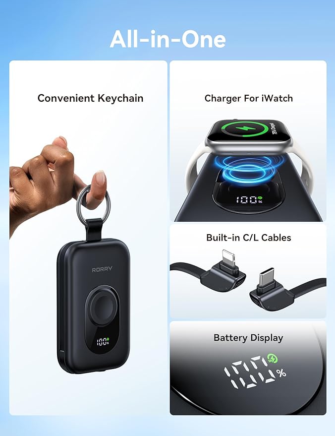RORRY CharmGo Portable Charger, 20000mAh PD 30W Portable Charger Power Bank with 2 Built-in Cables, Fast Charging Battery Pack with Keychain, Travel Essentials for iPhone, Apple Watch, iPad, Black