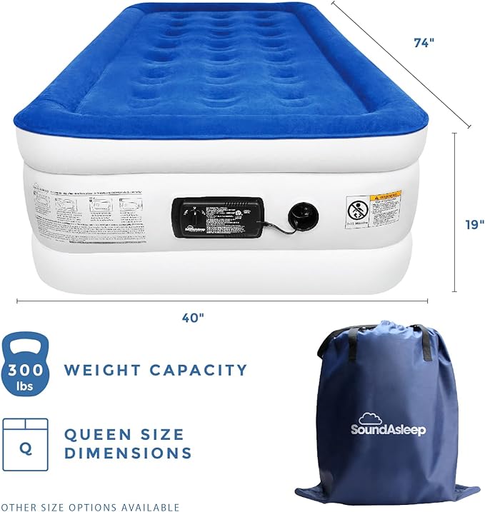 SoundAsleep Products Dream Series Luxury Air Mattress, ComfortCoil Technology, Built-in High Capacity Pump for Home, Camping- Double Height, Adjustable, Inflatable Blow Up, Portable (Twin Size)