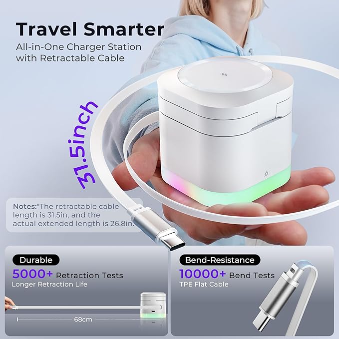 5 in 1 Wireless Charger, Foldable Wireless Charging Station with Night Light for Apple Magnetic Charger, Retractable Cable Fast Charger Stand for iPhone 17/16/15/14/13/12, Apple Watch, AirPods Pro 3