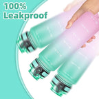 OLDLEY 32 oz Water Bottle, Motivational Water Bottle with Time Marker, Sports Water Bottle With Strap, Leakproof & BPA Free Large Water Bottles for School, Gym, Travel, Outdoor, Tritan,Green&Pink