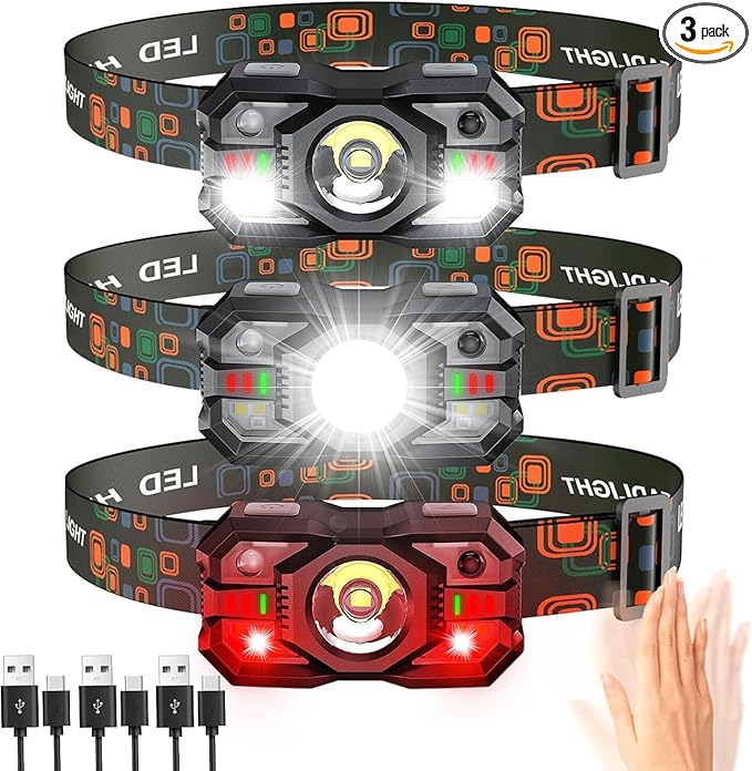 Rechargeable Headlamp Flashlight 3-Pack, 2000 Lumen Super Bright LED Headlight with Red Light, Motion Sensor for Adults Kid, Waterproof Lightweight Head Lamp for Outdoor Camping Running Hiking Fishing