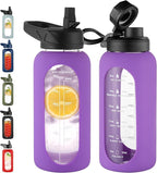 CIVAGO 32 oz Glass Water Bottle with Straw and Handle, Large Sports Motivational Water Bottle Flask with Time Marker and 2 Lids, Leakproof Water Jug Canteen with Silicone Sleeve for Gym, Lilac