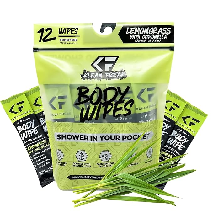 Body Cleansing Wipes - Individual Shower Wipes | Travel, Gym, Camping Wet Wipes for Women & Men | Refreshing No Rinse | Natural Bug Deterrent & Wipe In One | Lemongrass Citronella 12 Pack