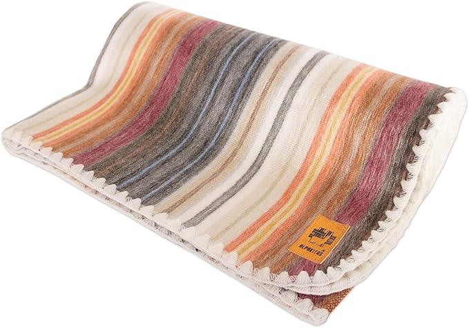 ALPAKITAS Alpaca Wool Blanket Throw | Large, Beautiful, Warm, Stripes | 64 x 45 inches | Ultra-Soft, Hypoallergenic and Breathable | Non-Itchy or Scratchy (White and Brown)