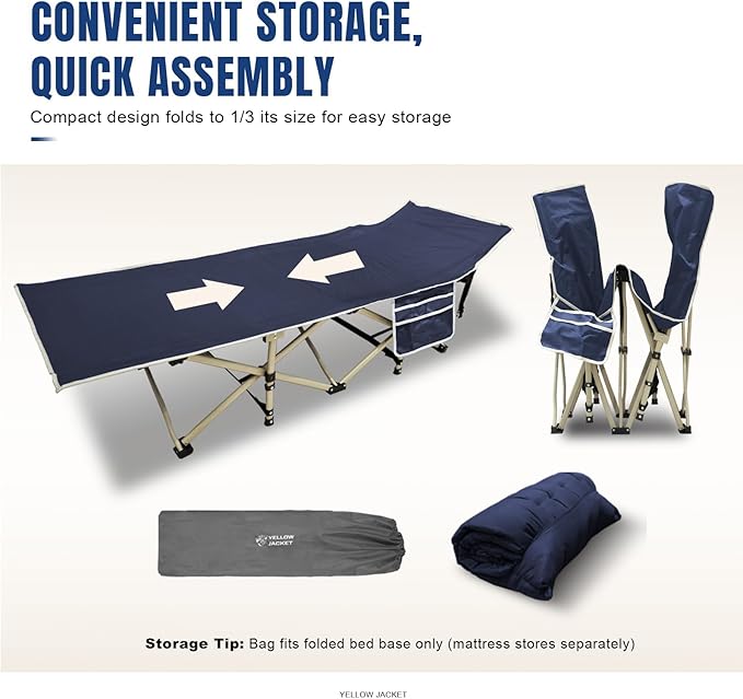 YELLOW JACKET Camping Cot with Mattress for Adults, Folding Sleeping Cot 600lbs Max Load, Portable Camping Cot with Carry Bag, 28" Wide Cot for Camping, Home,Office,Travel (Blue)