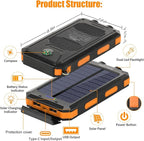 Solar Charger Power Bank, 20000mAh Portable Outdoor Waterproof Solar Battery Charger, Camping External Backup Battery Pack USB C Ports Input/Output, 2 Led Light Flashlight with Compass (Orange)