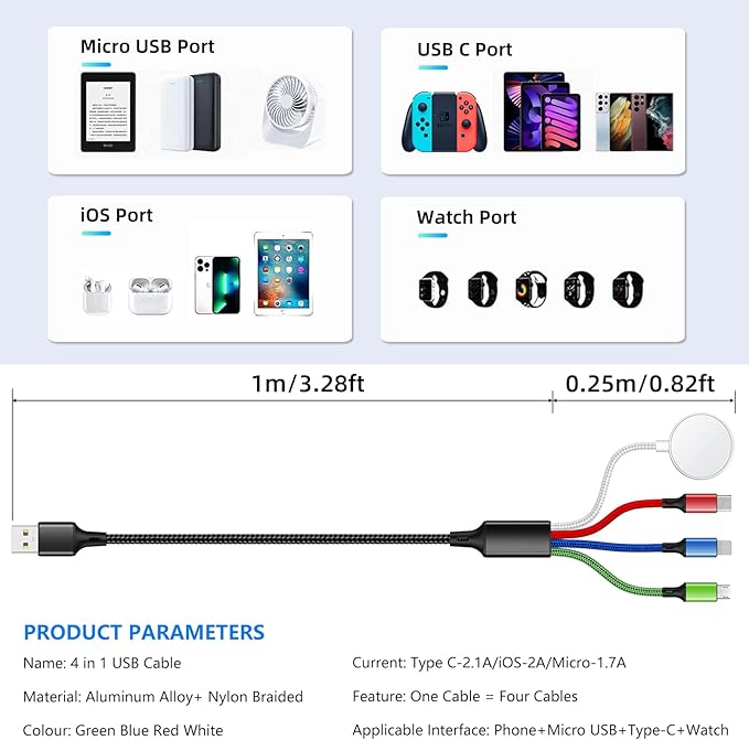 Travel Essentials 4 in 1 iWatch & iPhone Charger,Multi Charging Cable for Apple Watch Charger USB C Micro Nylon Compatible with iWatch Ultra/SE/10/9/8/7/6/5/4/3/iPhone 16/15/14/13 Galaxy Phone(4FT)