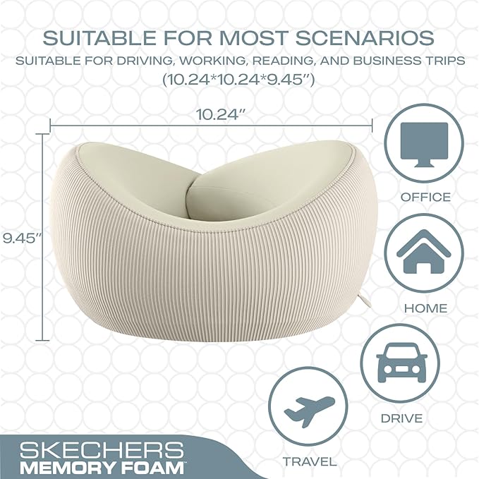 Skechers Memory Foam Neck Pillow, Comfortable & Breathable Travel Pillow, Neck Pillow Airplane for Travel, Car Rides, Home, and Office Use, Ergonomic Design for Men and Women,Beige
