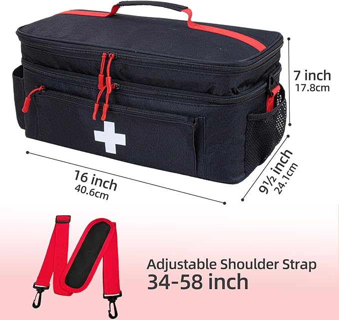 First Aid Bag Empty Large Medical Bag with Shoulder Strap 16”x 9.5” x 7” Medicine Organizer Travel First Aid kit Emergency Supplies Storage Bag for Car, Home, Office, Outdoor (Black)